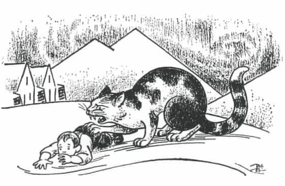 A old storybook illustration of a large cat clawing at a child.