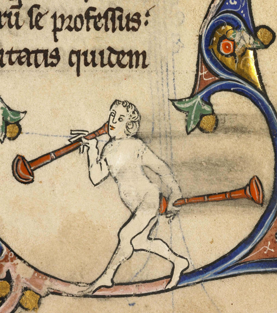 A medieval manuscript cartoon of a naked person holding trumpets to their mouth and bottom.
