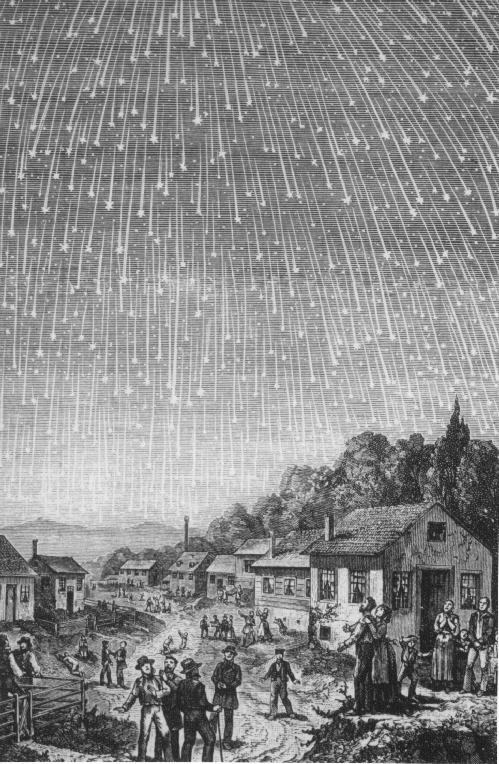 A vintage print of a village underneath a meteor shower. Villagers watch in awe.