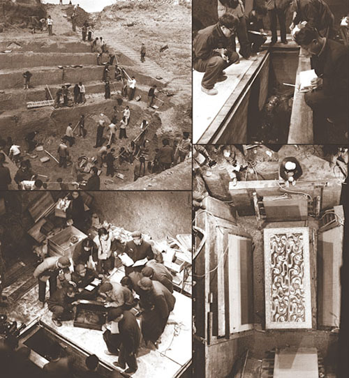 Four old photographs showing workers excavating a huge tomb and discovering a coffin.